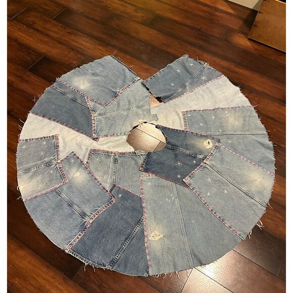 Recycled Denim Embroidered Hand Made Tree Skirt Jeans Blue Red Star Accents - Picture 6 of 10